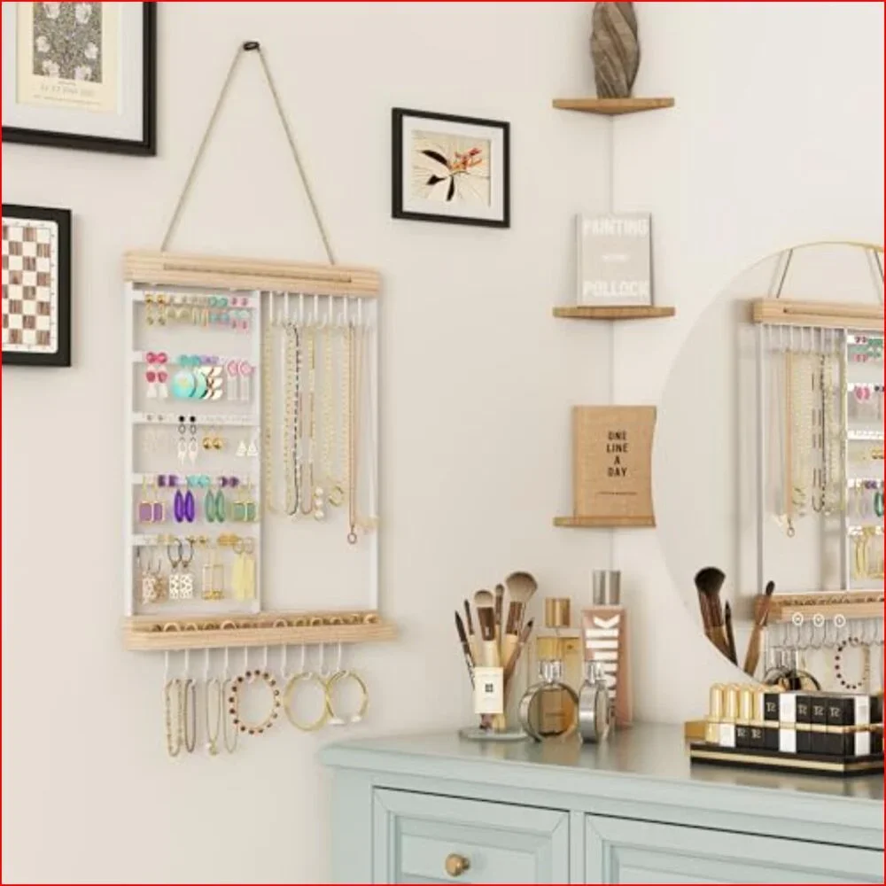 5-Tier Hanging Jewelry Organizer with Wall Mount, White Metal and Wood - Picture 2 of 7